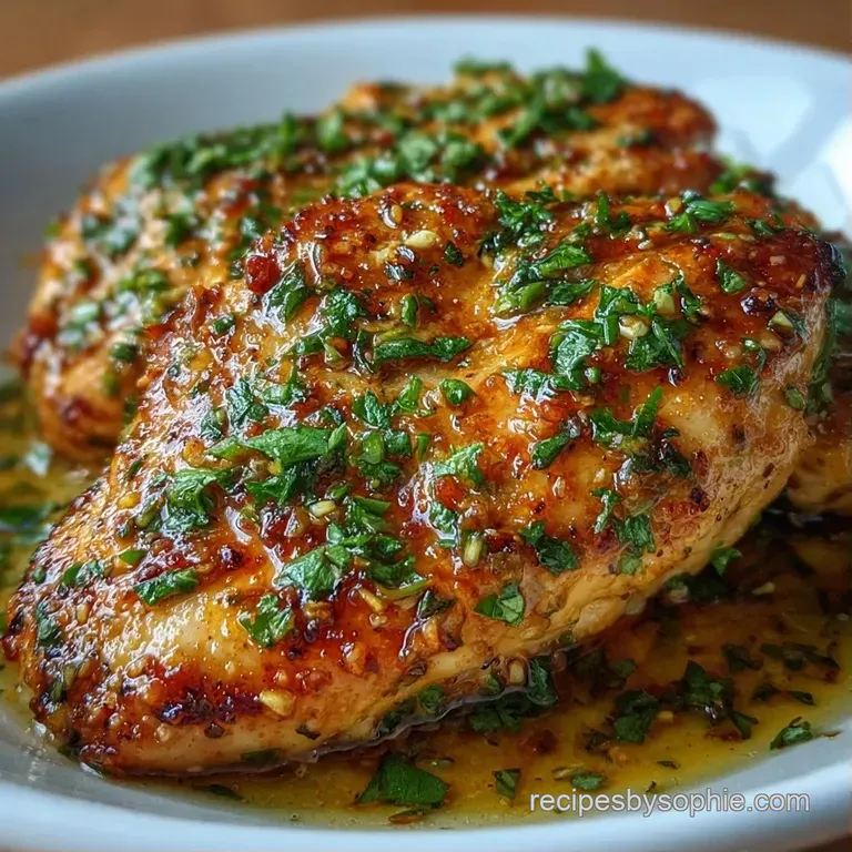 Sliced seared chicken breast on a white ceramic plate, drizzled with garlic butter and paired with steamed asparagus.