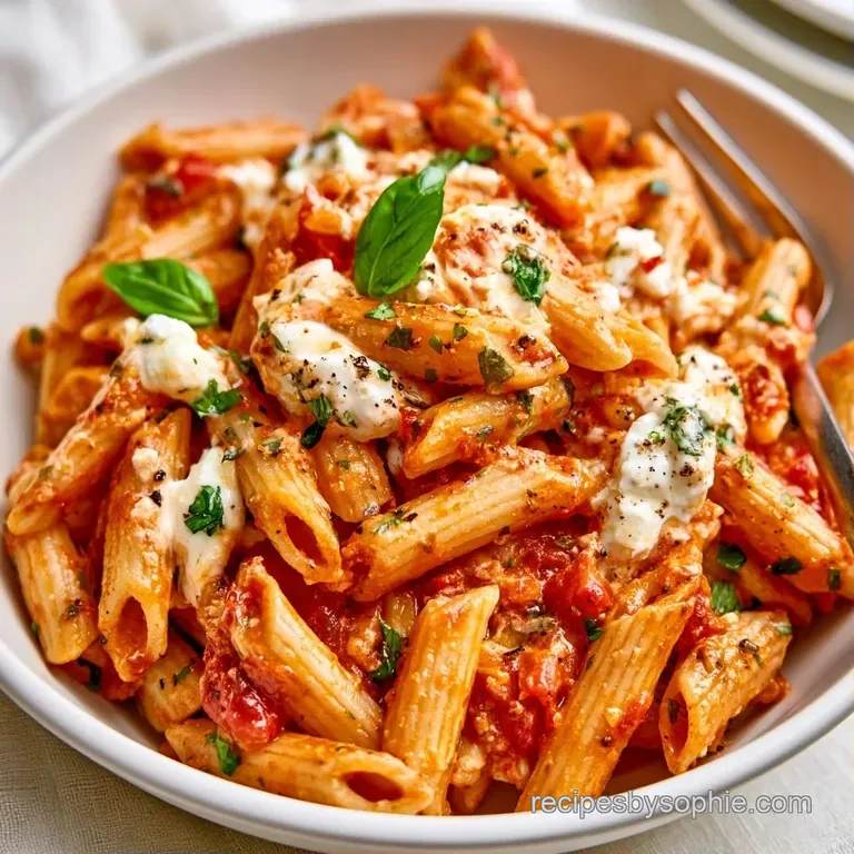Elegant white bowl featuring pasta tossed in a rich red sauce with creamy white swirls and a garnish of fresh herbs.