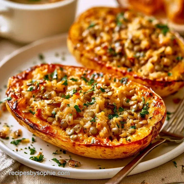 Roasted squash boat filled with hearty grains on a white ceramic plate, garnished with a sprig of fresh thyme.