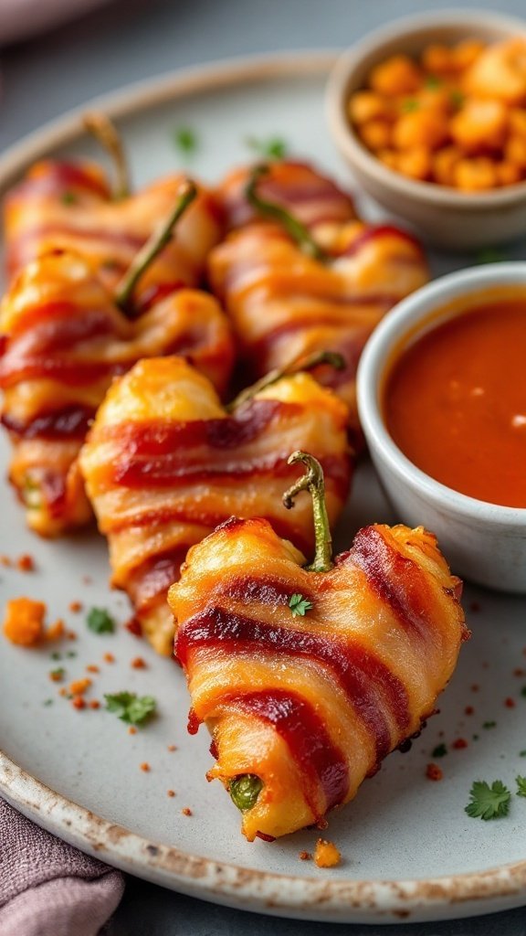 Bacon-wrapped heart-shaped jalapeño poppers on a plate with a dipping sauce.