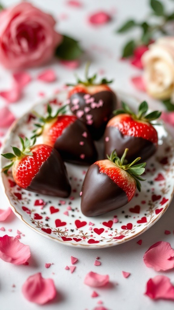 Plate of chocolate-covered strawberries with pink sprinkles on a heart-themed plate