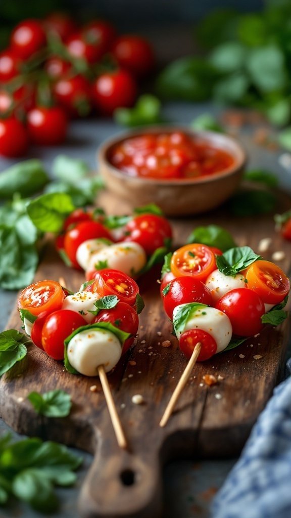 Heart-shaped Caprese skewers with tomatoes and mozzarella on a wooden cutting board.