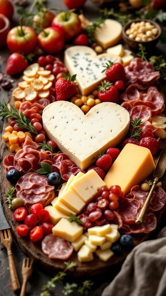 A beautiful presentation of heart-shaped cheese and charcuterie bites with strawberries, grapes, and various cheeses.