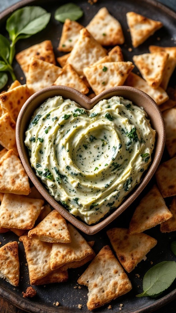 Heart-shaped spinach and artichoke dip surrounded by crackers