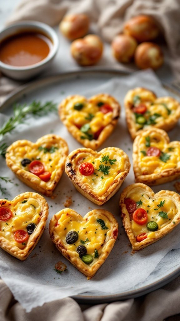 Mini heart-shaped quiches on a platter, garnished with herbs.