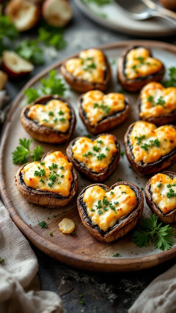 A tray of heart-shaped stuffed mushrooms with cheese and herbs.